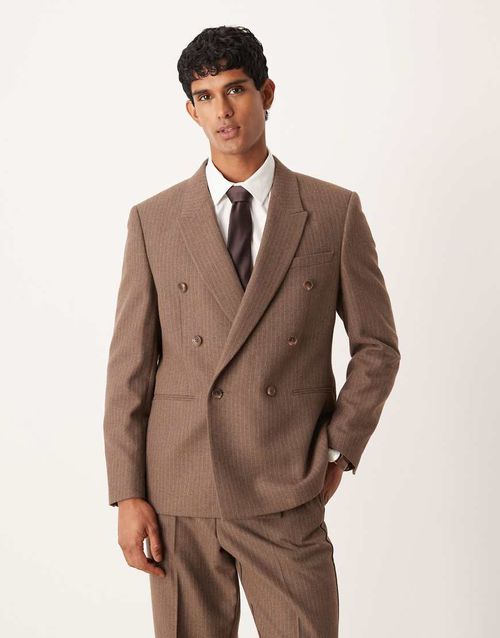 Double breasted regular suit jacket with wool pinstripe in brown