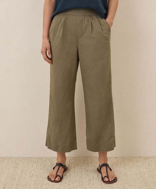 Women's Khaki Green Canopy Linen Blend Pleated Trouser