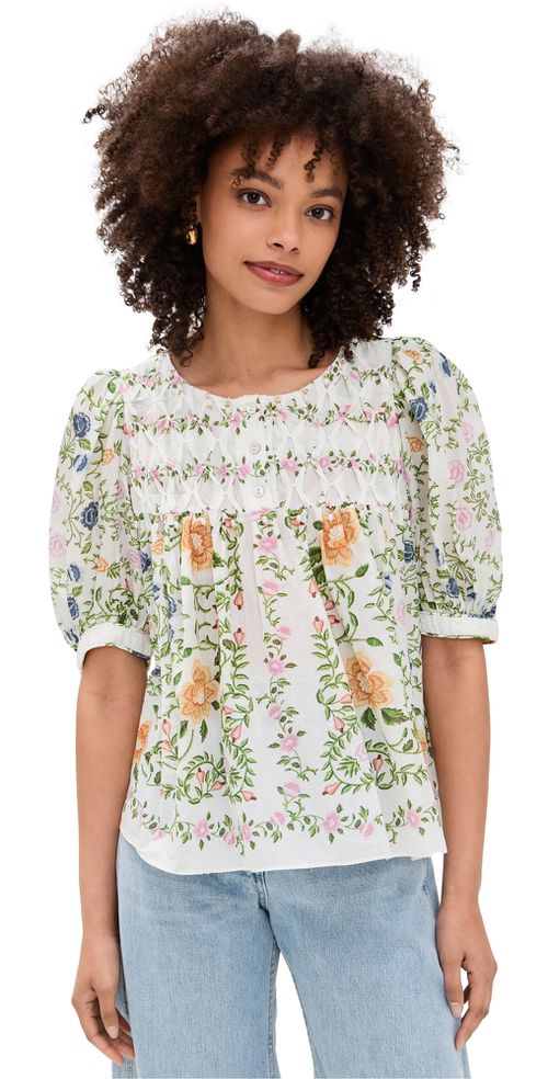 FARM Rio Scoop Neck Short Sleeve Blouse Folk Floral Off-White
