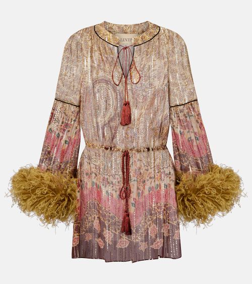 Paisley feather-trimmed silk-blend blouse