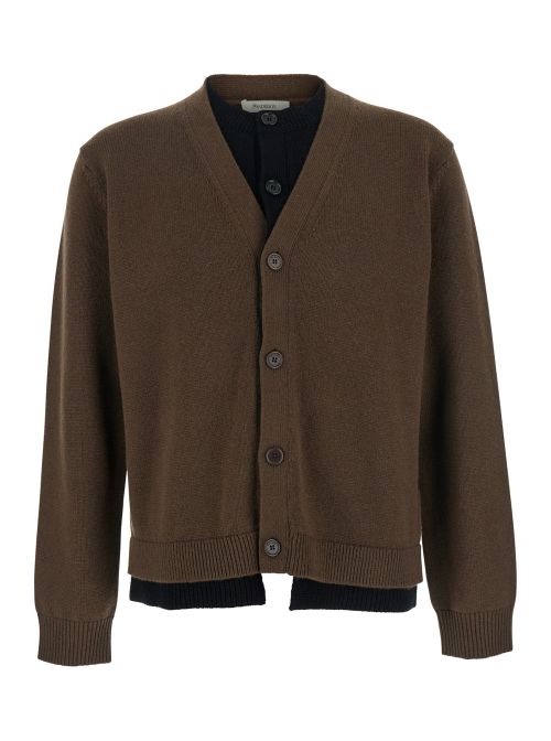 V-Neck Layered Knit Cardigan — Brown
