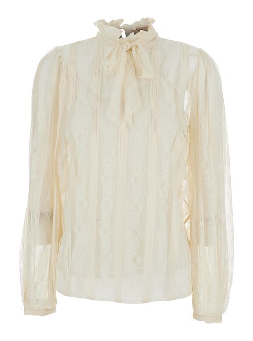 White Long-sleeved Shirt With Lace Design And Bow On The Neck In Cotton Blend Woman