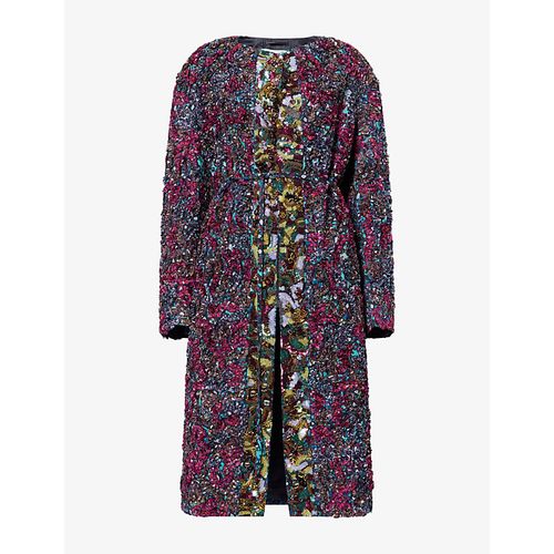 Womens Bead-Embellished Ruffle Woven Coat
