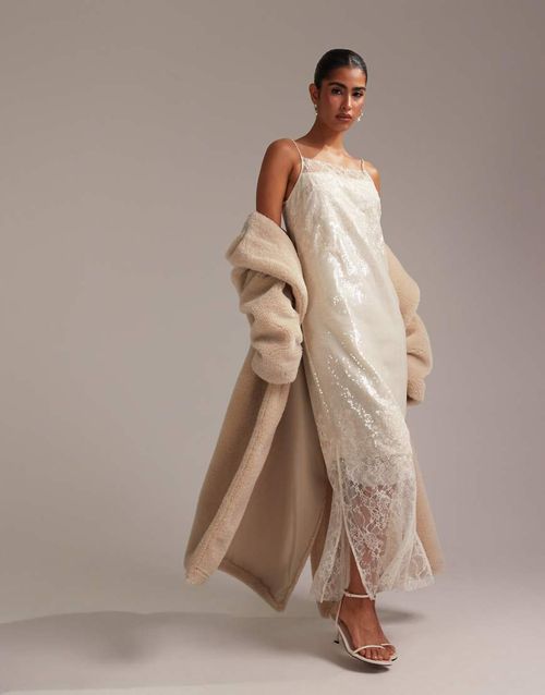 ASOS DESIGN floral lace applique embellished cami midaxi wedding dress in ivory-White