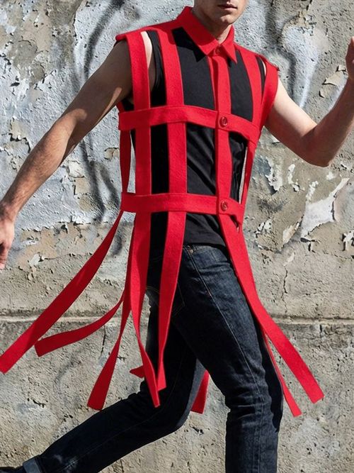 Men's Avant-Garde Deconstructed Cage Hollow-Out Longline Shirt SKUL54587 - Red