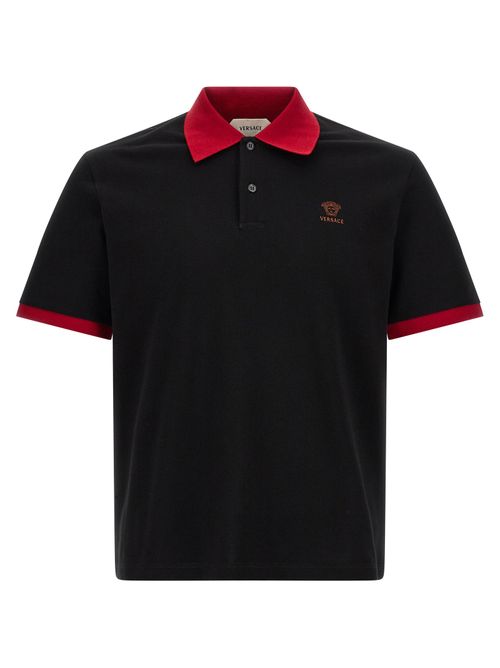 Medusa-Embroidered Cotton Piqué Polo Shirt — Black