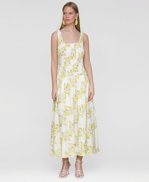 Women's Printed Smocked Drop-Waist Maxi Dress - Lemon Vine