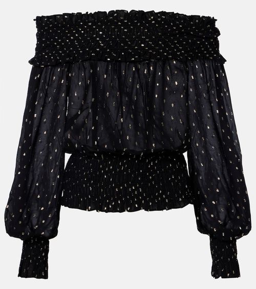 Shirred metallic-effect off-shoulder top
