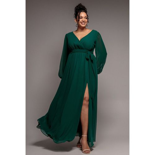 Goddiva Plus Wrap Back With Front Slit Chiffon Maxi Dress - Emerald Green