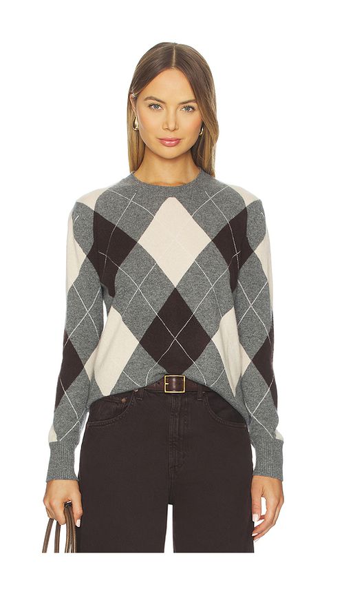 Enza Costa Knit Cashmere Argyle Sweater in Argyle - Grey. XS also in