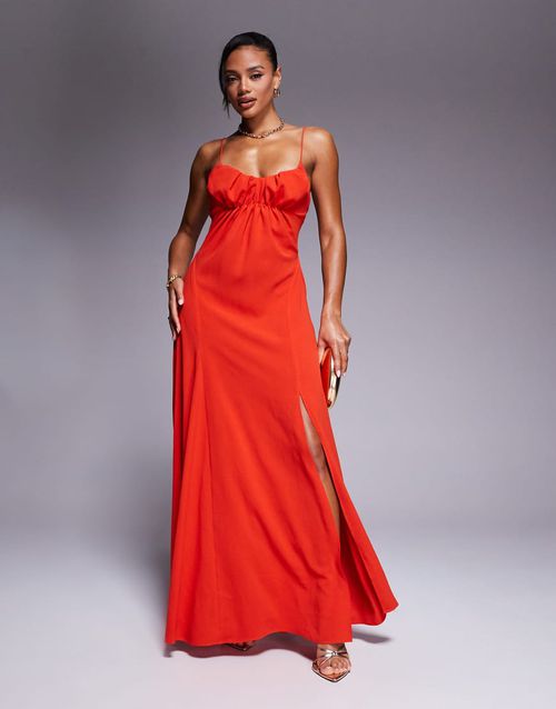 knee length dresses for ladies Asos Design Satin Elasticated Strappy Midi Dress With Open Back In Turquoise main image 0