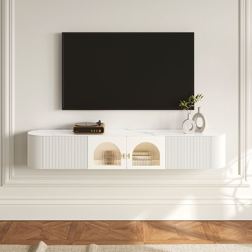 Modern White Floating Media Console Wall-Mounted TV Stand with Storage Sintered Stone Top for 1800 TV