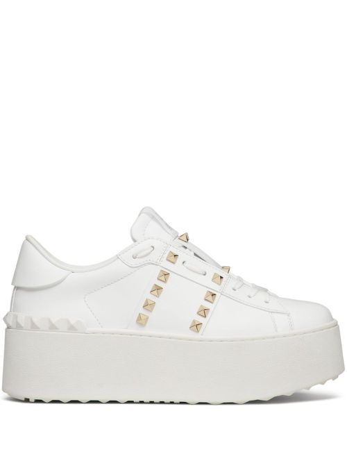 White Rockstud Flatform Sneakers - Women's - Calf Leather/Rubber/Leather