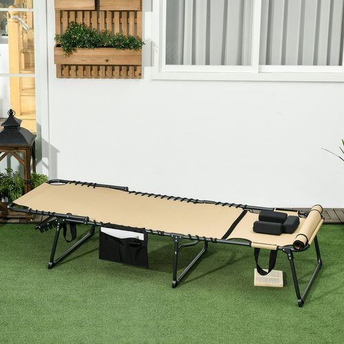 Outsunny Folding Sun Lounge w/ Reclining Back, Sun Lounge w/ Reading Hole, Beige - Beige - Steel, Mesh Fabric