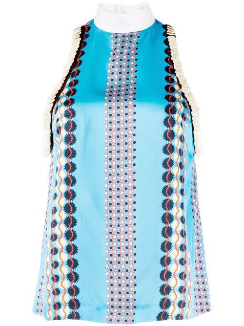 Sleeveless satin printed top - Blue