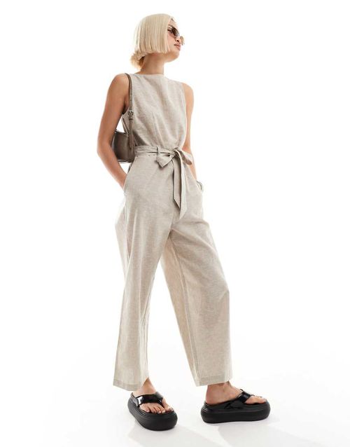 Linen mix sleeveless jumpsuit with tie belt detail in beige-Neutral