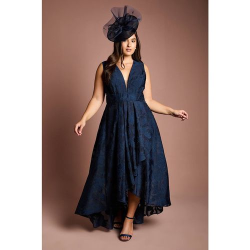 Coast Women's Plus Plunge Neck Waterfall Organza Jacquard Maxi Dress in Navy