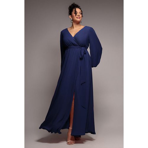 Goddiva Plus Wrap Back With Front Slit Chiffon Maxi Dress - Navy Blue