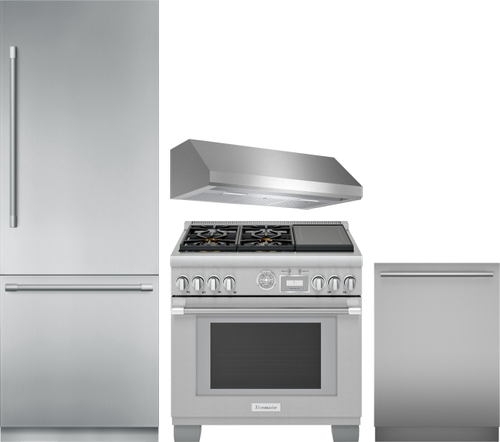 Thermador 4 Piece Kitchen Appliances Package with Bottom Freezer Refrigerator, Dual Fuel Range and Dishwasher in Stainless Steel THRERADWRH