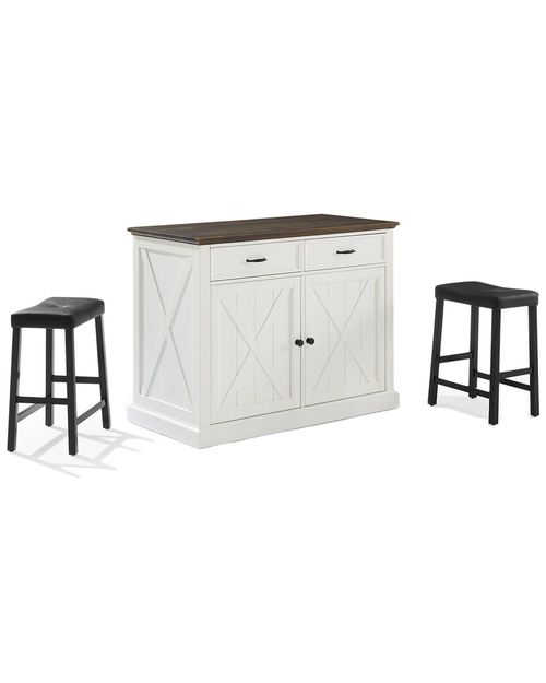 Furniture Clifton Kitchen Island W/Uph Saddle Stools- Kitchen Island & 2 Stools