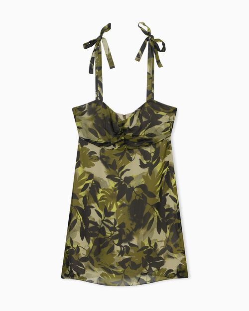 Short Dress with Ruffles in Crinkle Viscose and Print