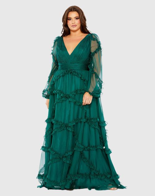 Plus Size Green V Neck Ruffle Tiered Puff Sleeve Wedding Guest Maxi Gown In Teal