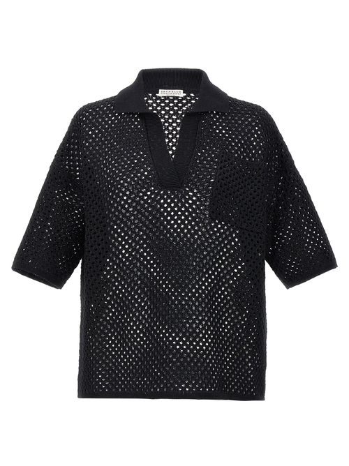 -Openwork Fabric Shirt Polo Nero-Donna