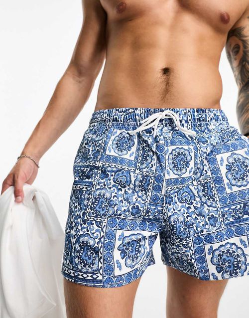 5 inch tile print swim short in blue