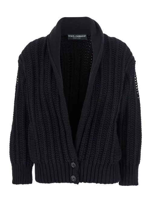 Black Cardigan With Wide Neckline On The Front In Virgin Wool Woman