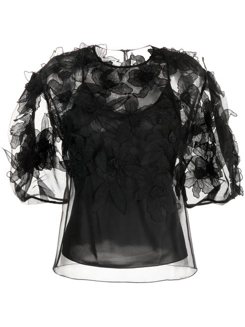 Floral-appliqué silk blouse - Black