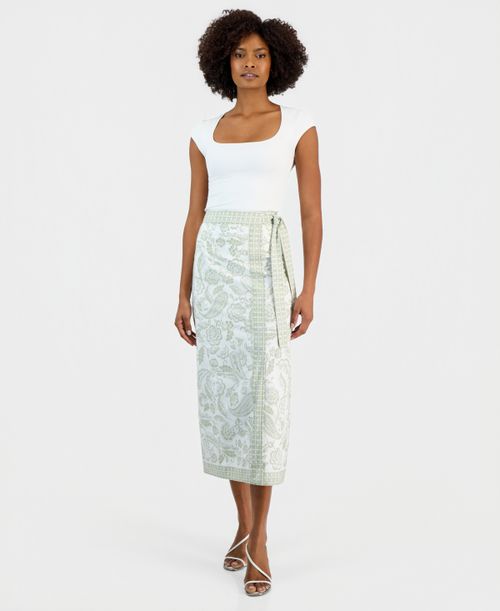 Women's Paisley-Print Faux-Wrap Midi Skirt - Sage