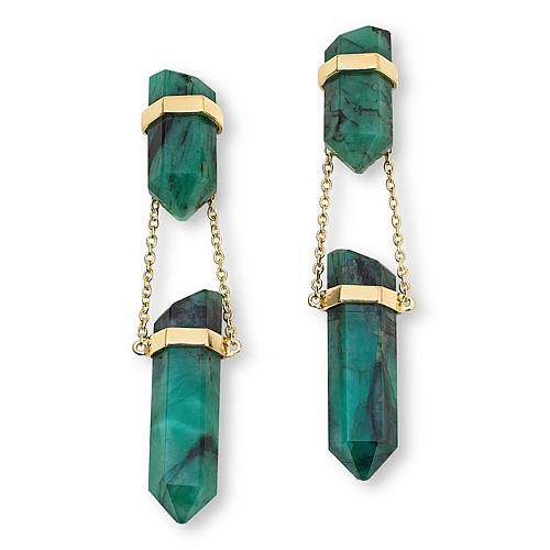 "Rarities 18"" Gold-Plated Raw Emerald Obelisk Drop Earrings"
