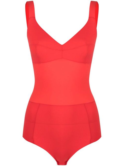 Transparent-panel sleeveless bodysuit - Red