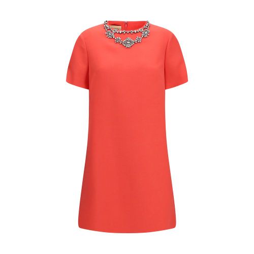 Crystal-Embellished Crew-Neck Dress — Red