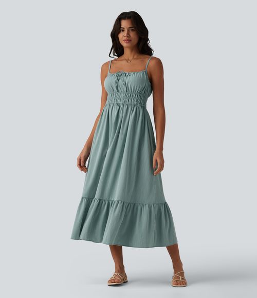 Tie Front Flowy Midi Casual Linen-Feel Slip Dress Casual Dress - Silverwood Sage