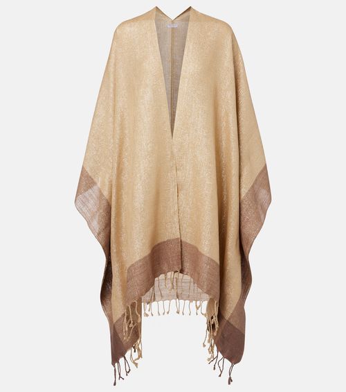 Fringed linen-blend lamé poncho