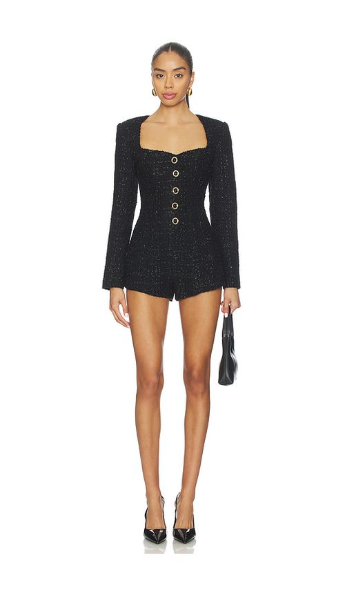 MAJORELLE Selene Tweed Romper in Black. L. Also in XS, XXS, S