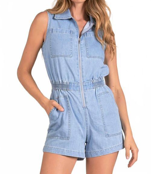 Zip Front Denim Romper In Blue