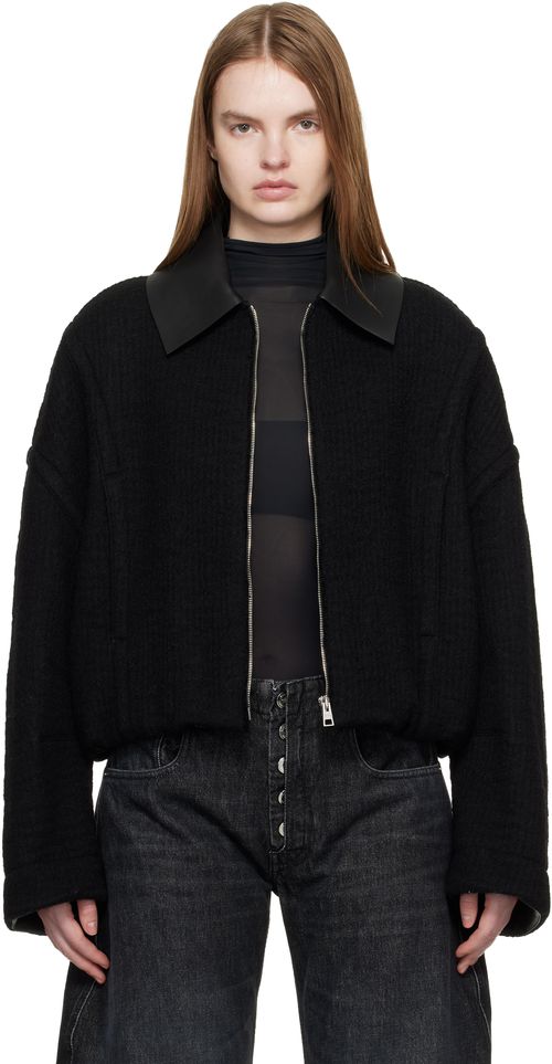 Black Heavy Wool Bomber Jacket