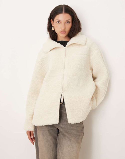 Pile zip up shacket in cream-White