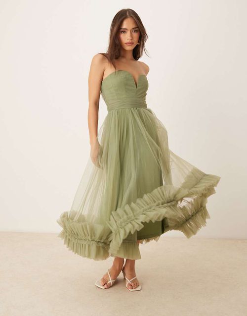 Corset tulle ruffle hem midaxi dress in soft olive-Green