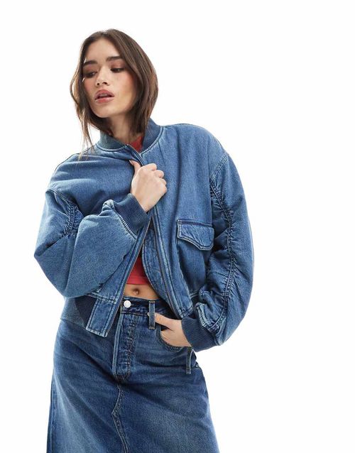 Denim bomber jacket in mid wash blue
