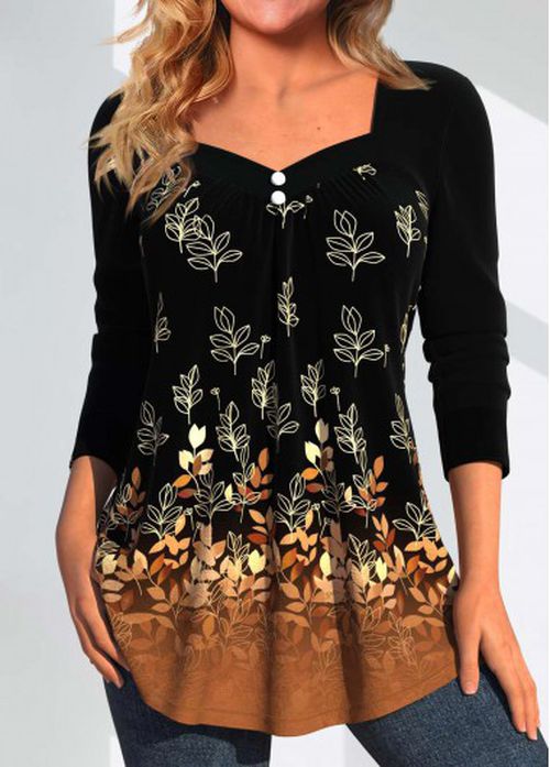 Modlily Dark Camel Button Random Floral Print T Shirt