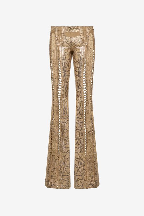 Gold Leather Pants With Python Print And Cut-out Details