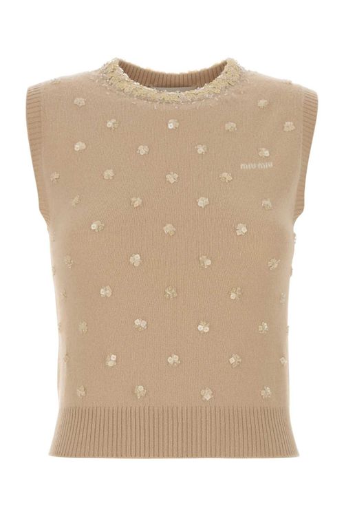 Cashmere Embellished Tank Top — Beige