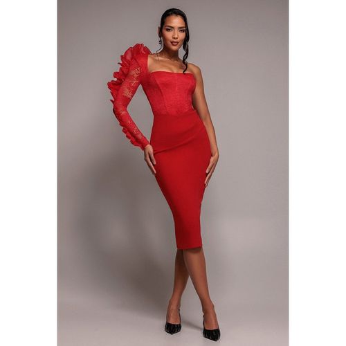 Goddiva One Shoulder Organza Fan Detail Lace Bodice Midi Dress - Red
