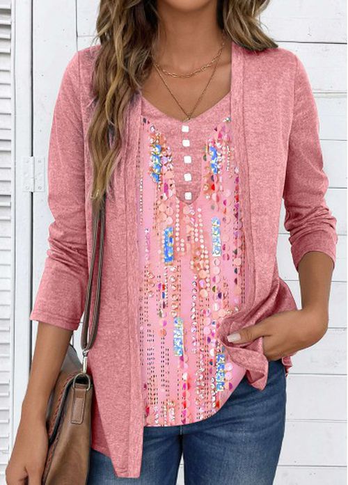 Modlily Pink Fake 2in1 Long Sleeve V Neck Blouse