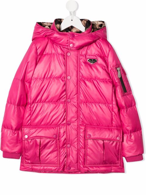 Satin logo-patch hooded padded jacket - Pink