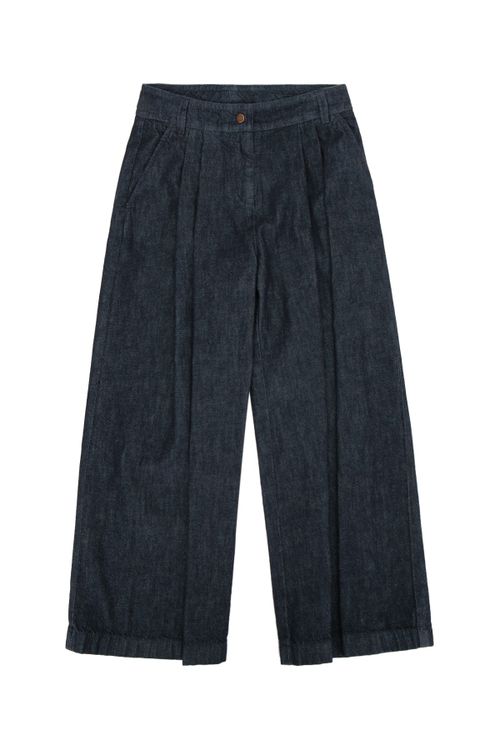 Pleated Denim Trousers — Navy