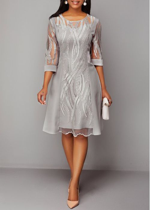 Modlily Grey Lace Midi Cocktail Dress Wedding Guest Dress Lace Panel Light Grey 3/4 Sleeve Dre